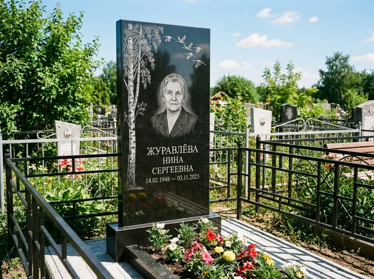 Памятник с гравировкой берёзы — гравировка берёзы с журавлиным клином в небе, работа «Журавлёва» в Новосибирске