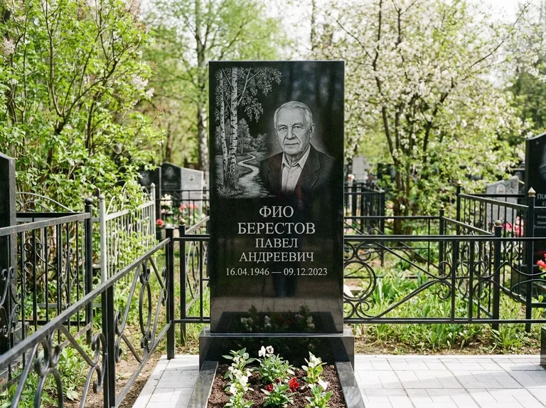 Памятник с гравировкой берёзы — гравировка берёзы у тропинки, уходящей вдаль, работа «Берестов» в Новосибирске