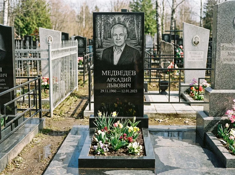 Памятник с гравировкой берёзы — гравировка берёзовой рощи в глубину, работа «Медведев» в Новосибирске