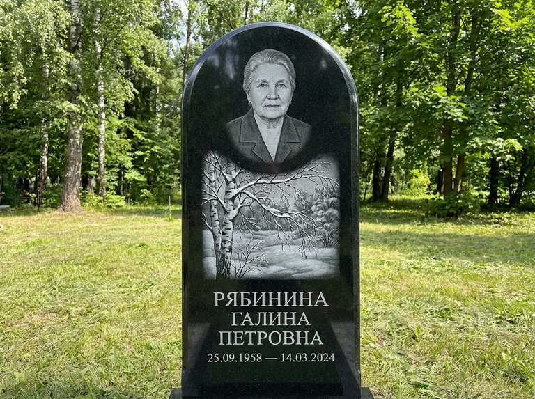 Памятник с гравировкой берёзы: стела с плавным арочным верхом — зимняя берёза, снег на ветвях, газон без ограды, стриженая трава, работа «Рябинина» в Новосибирске