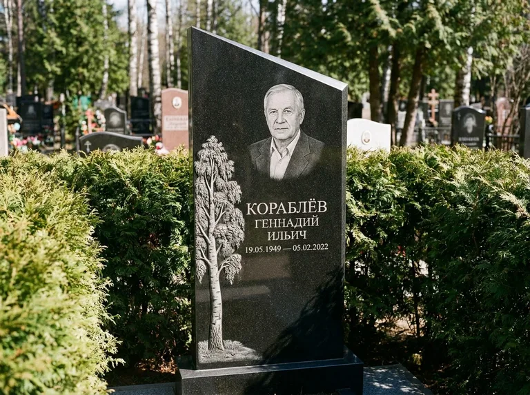 Памятник с гравировкой берёзы: асимметричная скошенная стела — объёмная одинокая берёза с фактурной корой, живая изгородь из туи, работа «Кораблёв» в Новосибирске