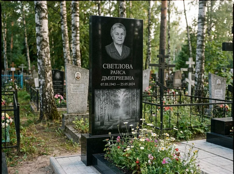 Памятник с гравировкой берёзы: двойная семейная стела — берёзовая роща в лёгкой дымке, цветник с полевыми цветами, работа «Светлова» в Новосибирске