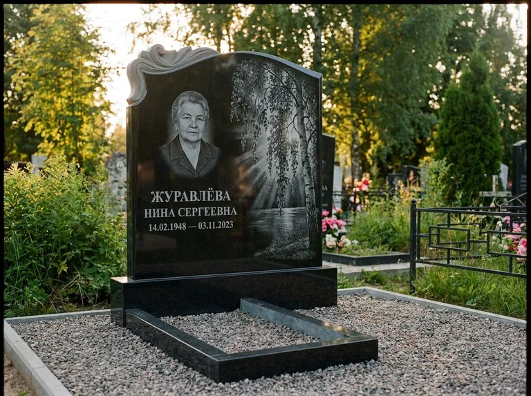 Памятник с гравировкой берёзы: стела с фигурным резным верхом — плакучая берёза в контровом свете, гравийная отсыпка, рассвет, работа «Журавлёва» в Новосибирске
