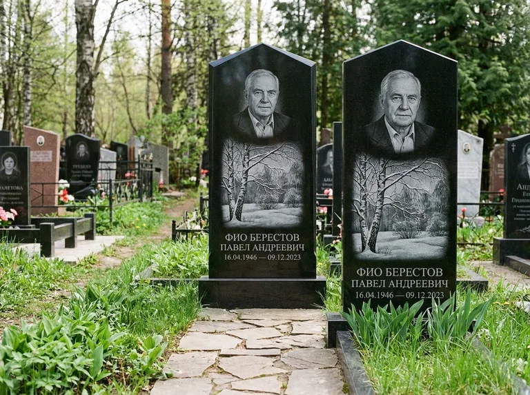 Памятник с гравировкой берёзы: массивная стела с двускатным навершием — зимняя берёза, снег на ветвях, дорожка из природного плитняка, работа «Берестов» в Новосибирске