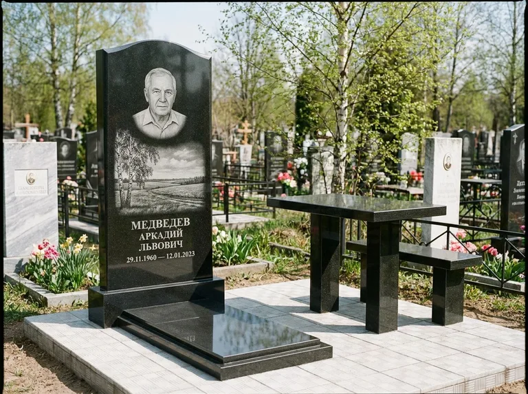 Памятник с гравировкой берёзы: стела с гранитным столиком и скамьёй — берёза у поля, простор до горизонта, семейный участок с плиткой, работа «Медведев» в Новосибирске