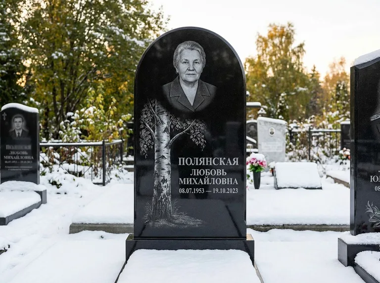 Памятник с гравировкой берёзы: полукруглая стела — объёмная одинокая берёза с фактурной корой, заснеженный зимний участок, работа «Полянская» в Новосибирске