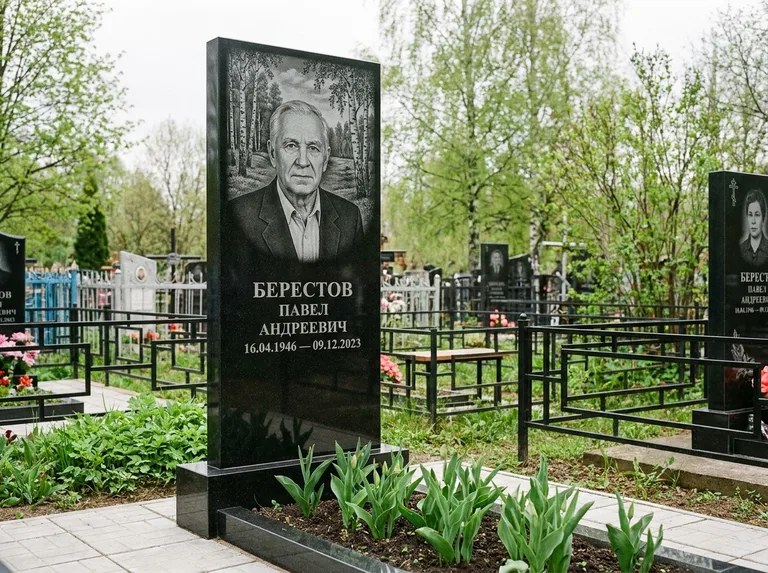 Памятник с гравировкой берёзы — гравировка берёзовой рощи в глубину, работа «Берестов» в Новосибирске