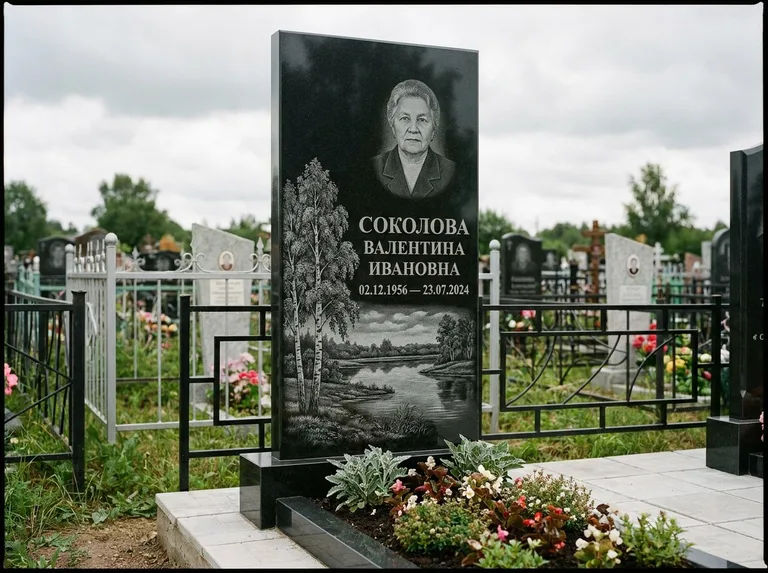 Памятник с гравировкой берёзы — гравировка берёзы у зеркального озера, работа «Соколова» в Новосибирске