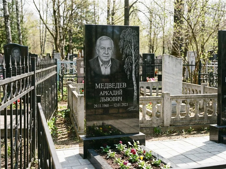 Памятник с гравировкой берёзы — гравировка плакучей берёзы с тонкими ветвями, работа «Медведев» в Новосибирске