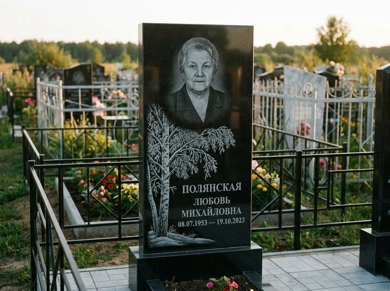 Памятник с гравировкой берёзы — гравировка зимней берёзы в инее, работа «Полянская» в Новосибирске