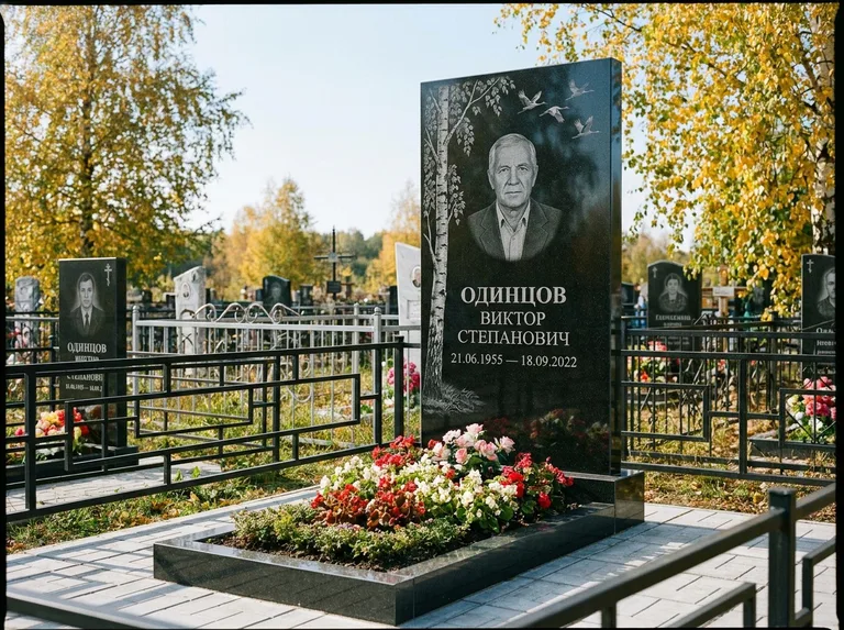 Памятник с гравировкой берёзы — гравировка берёзы с журавлиным клином в небе, работа «Одинцов» в Новосибирске