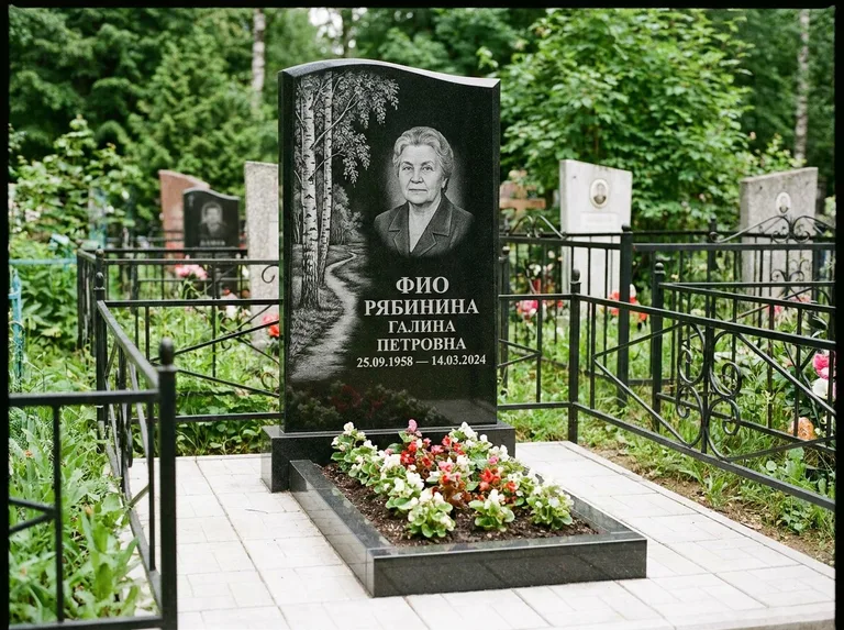 Памятник с гравировкой берёзы — гравировка берёзы у тропинки, уходящей вдаль, работа «Рябинина» в Новосибирске