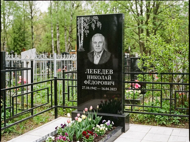 Памятник с гравировкой берёзы — гравировка одинокой берёзы над именем, работа «Лебедев» в Новосибирске