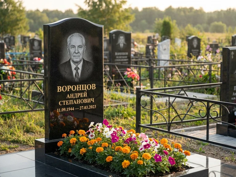 Гравировка фото на памятнике в Новосибирске — готовый гравированный портрет на чёрном граните