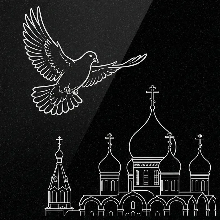 Эскиз гравировки голубей на памятник — голубь в небе над храмом в Новосибирске