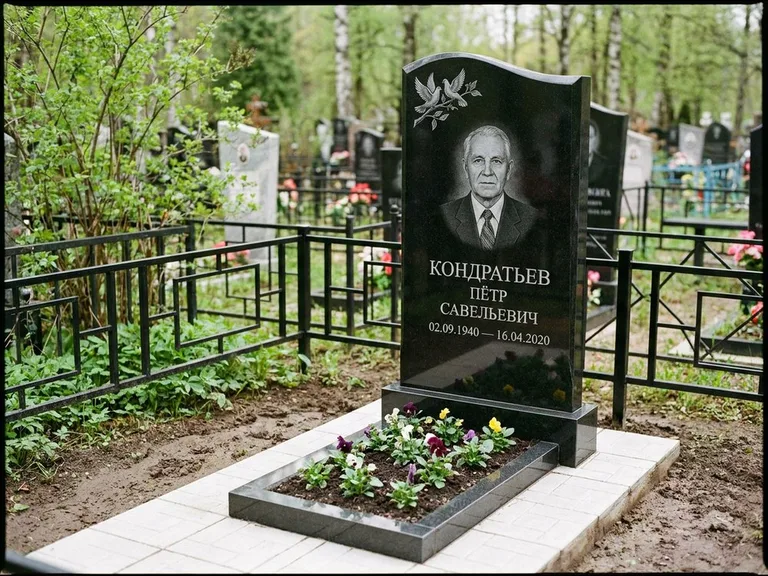 Памятник с гравировкой голубей — гравировка пары голубей на ветке в верхнем углу стелы, работа «Кондратьев» в Новосибирске