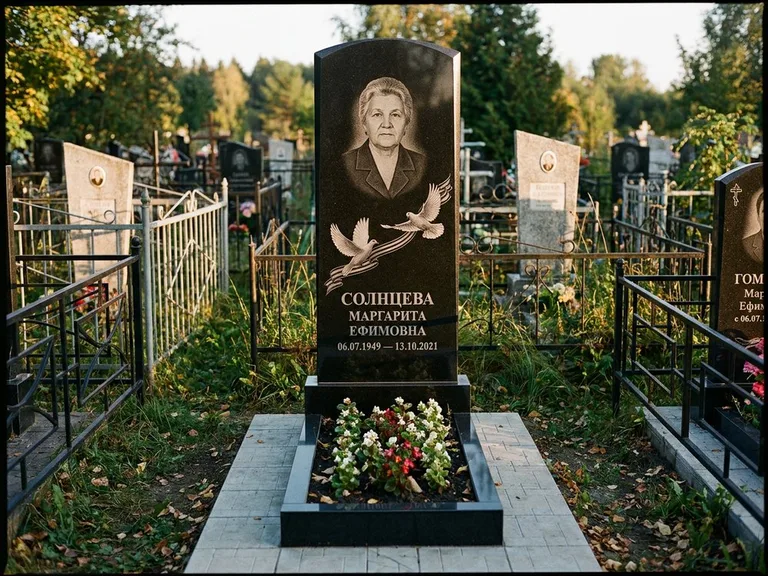 Памятник с гравировкой голубей — гравировка двух летящих голубей с лентой по диагонали стелы, работа «Солнцева» в Новосибирске