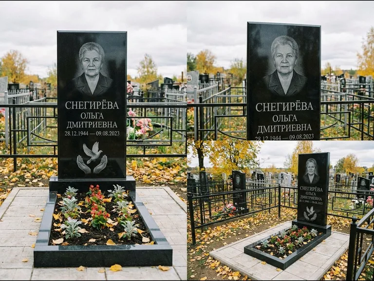 Памятник с гравировкой голубей — гравировка голубя над раскрытыми ладонями внизу стелы, работа «Снегирёва» в Новосибирске