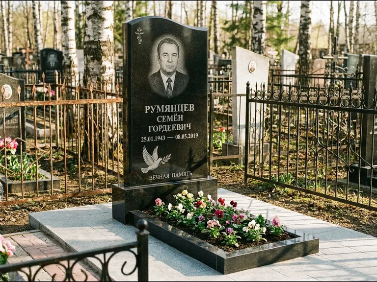 Памятник с гравировкой голубей — гравировка голубя с оливковой ветвью рядом с эпитафией, работа «Румянцев» в Новосибирске