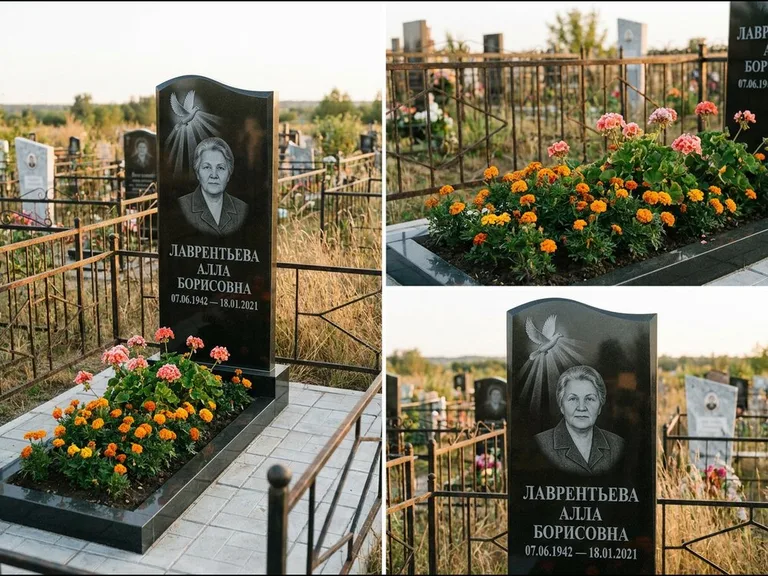Памятник с гравировкой голубей — гравировка голубя в лучах света над портретом, работа «Лаврентьева» в Новосибирске
