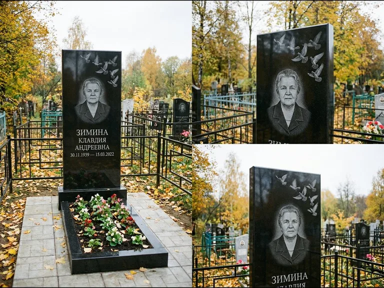 Памятник с гравировкой голубей — гравировка стаи голубей, взлетающей от угла стелы, работа «Зимина» в Новосибирске