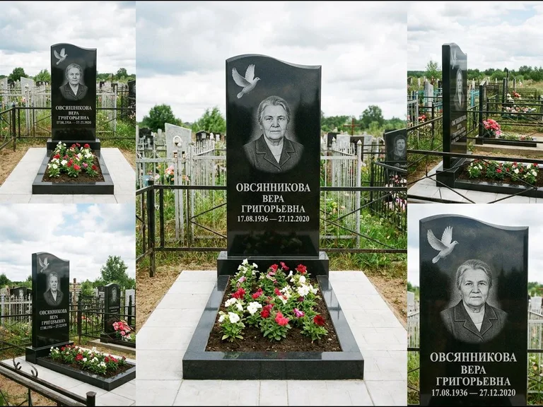 Памятник с гравировкой голубей — белая гравировка взлетающего голубя над портретом, работа «Овсянникова» в Новосибирске