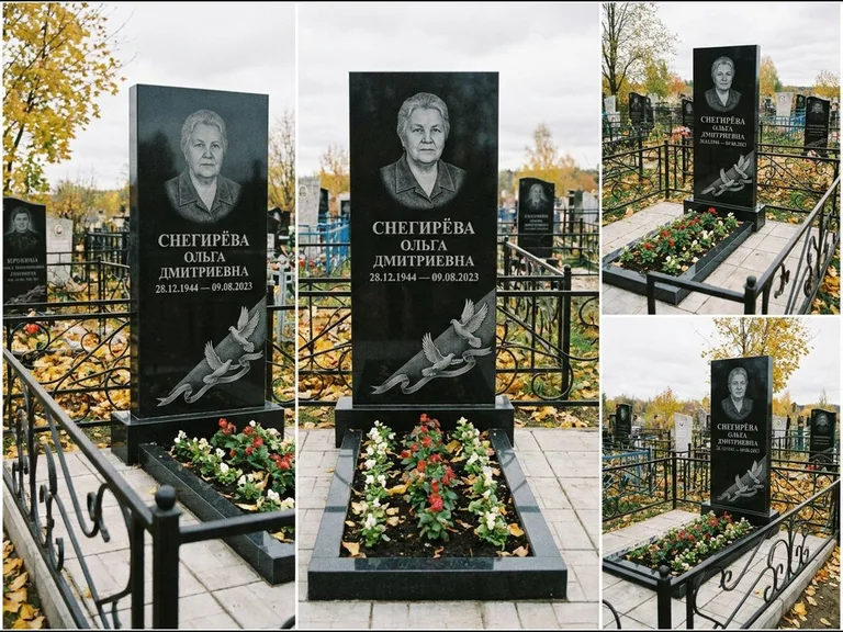 Памятник с гравировкой голубей — гравировка двух летящих голубей с лентой по диагонали стелы, работа «Снегирёва» в Новосибирске