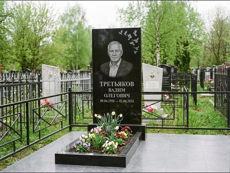 Памятник с гравировкой голубей — гравировка стаи голубей, взлетающей от угла стелы, работа «Третьяков» в Новосибирске