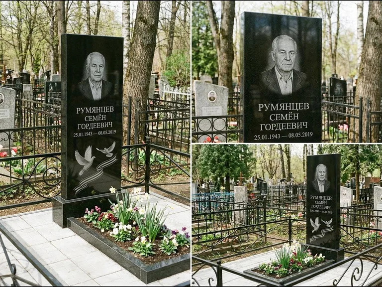 Памятник с гравировкой голубей — гравировка двух летящих голубей с лентой по диагонали стелы, работа «Румянцев» в Новосибирске