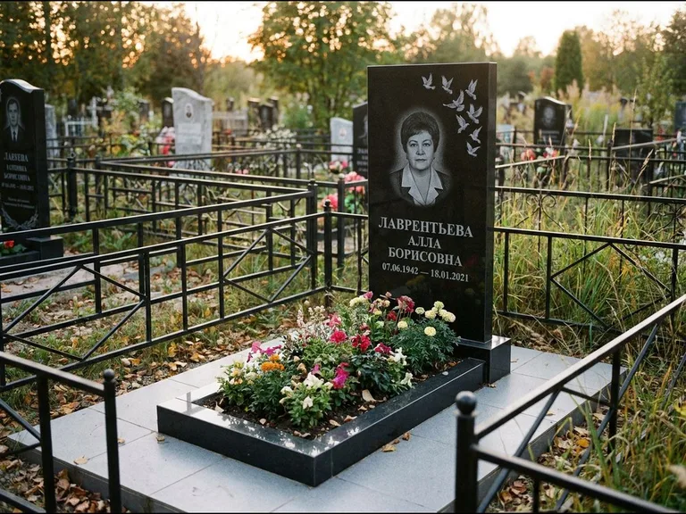 Памятник с гравировкой голубей — гравировка стаи голубей, взлетающей от угла стелы, работа «Лаврентьева» в Новосибирске
