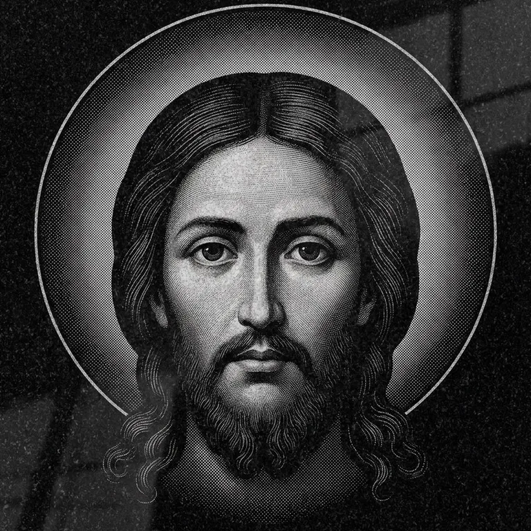 Эскиз иконы: Спас Нерукотворный (полутон) — детальный лик на убрусе, гравировка на памятник в Новосибирске