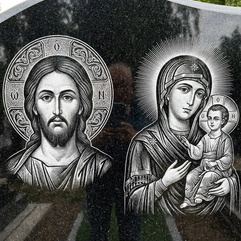 Эскиз иконы: Спаситель и Богородица — парные образы симметрично, гравировка на памятник в Новосибирске