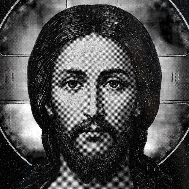 Эскиз иконы: Спас Вседержитель (полутон) — объёмный лик, светотень, гравировка на памятник в Новосибирске