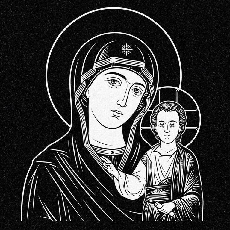 Эскиз иконы: «Утоли моя печали» — облегчение скорби, гравировка на памятник в Новосибирске