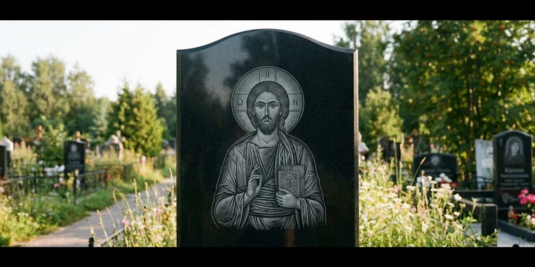 Иконы для гравировки на памятник в Новосибирске — образ на стеле из чёрного гранита с ручной доводкой лика