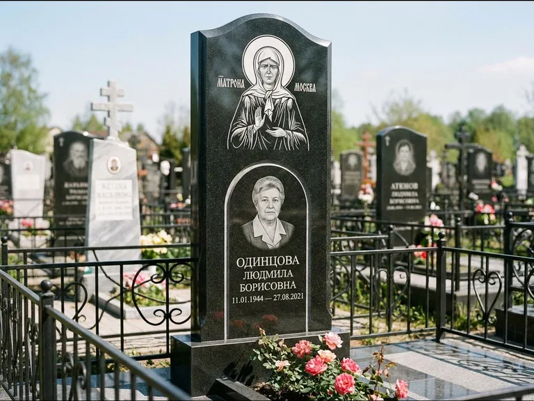 Памятник с гравировкой иконы — Владимирская икона Божией Матери с Младенцем, работа «Зотов» в Новосибирске