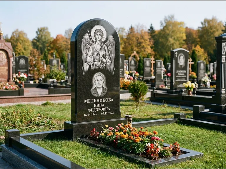 Памятник с гравировкой иконы — икона над портретом усопшего, работа «Журавлёв» в Новосибирске