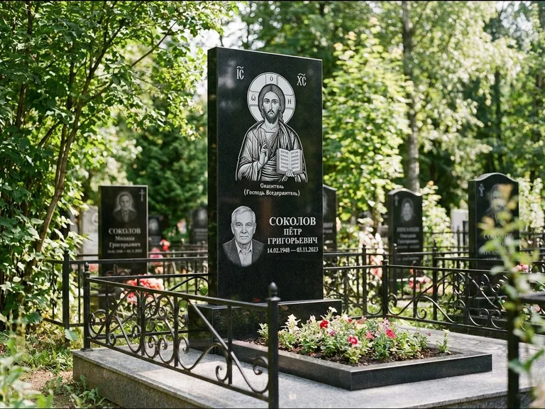 Памятник с гравировкой иконы — икона Спаса Вседержителя над именем усопшего, работа «Воронцова» в Новосибирске