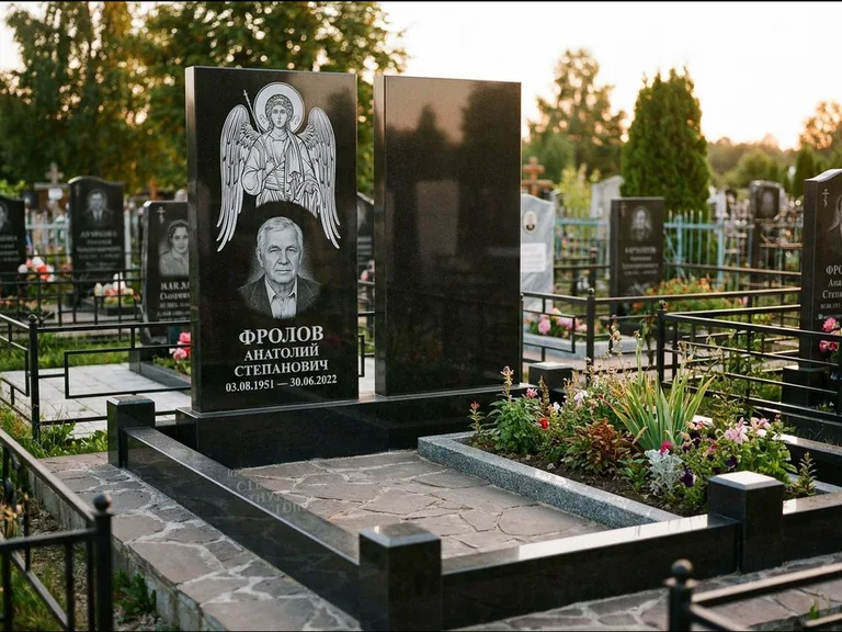 Памятник с гравировкой иконы: стела с резной рамкой вокруг иконы — Архангел Михаил на стеле, белая мраморная крошка с бордюром, работа «Богданова» в Новосибирске