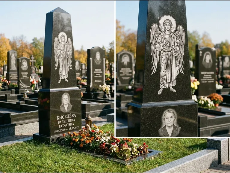 Памятник с гравировкой иконы: асимметричная скошенная стела — гравировка образа Спасителя, живая изгородь из кустарника, работа «Третьяков» в Новосибирске