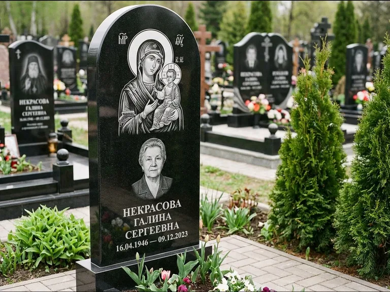 Памятник с гравировкой иконы: фигурная стела с киот-нишей под икону — икона в резной рамке-киоте, светлая гравийная отсыпка, работа «Журавлёв» в Новосибирске