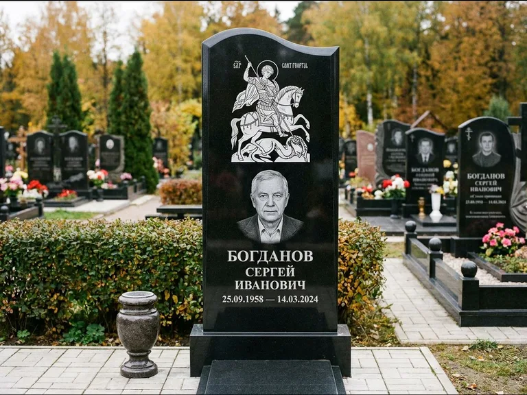 Памятник с гравировкой иконы: монументальный семейный мемориал из двух стел на общем цоколе — гравировка Николая Чудотворца, мощёная гранитная площадка без ограды, работа «Раевская» в Новосибирске