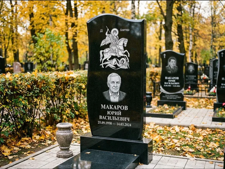Памятник с гравировкой иконы — икона над портретом усопшего, работа «Раевская» в Новосибирске