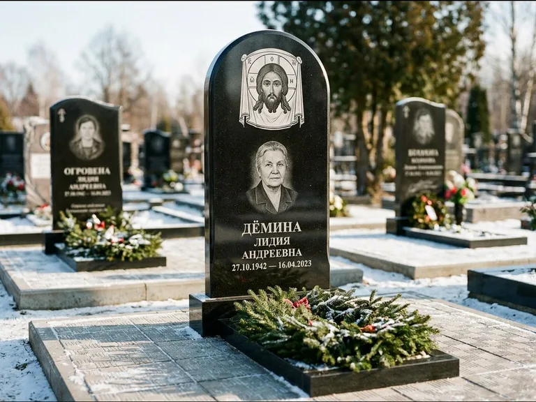 Памятник с гравировкой иконы — икона Спаса Вседержителя над именем усопшего, работа «Ковалёв» в Новосибирске
