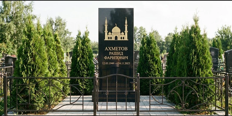 Гравировка мечети на памятник в Новосибирске — стела из чёрного гранита, оформление по канонам ислама