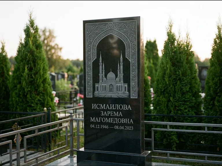 Мусульманский памятник с гравировкой мечети — мечеть в восточной арке с орнаментом, работа «Исмаилова» в Новосибирске