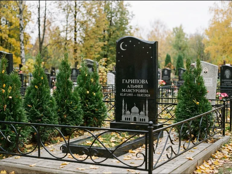 Мусульманский памятник с гравировкой мечети — мечеть с луной в ночном небе, работа «Гарипова» в Новосибирске
