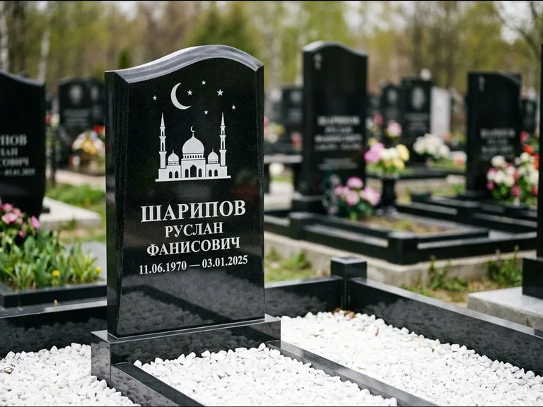 Мусульманский памятник с гравировкой мечети: стела с волнообразным скошенным верхом — гравировка мечети под полумесяцем и звёздами, белая мраморная крошка с бордюром, работа «Шарипов» в Новосибирске