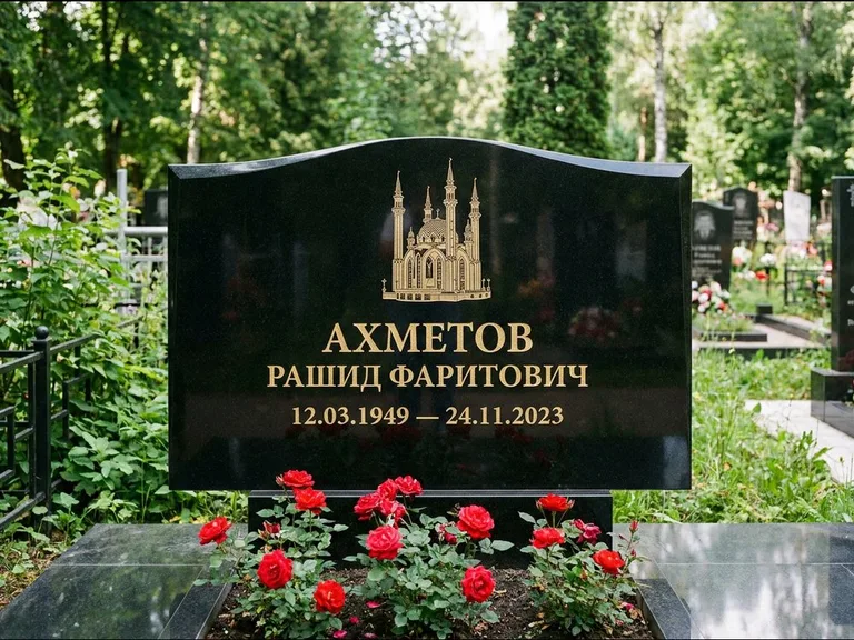 Мусульманский памятник с гравировкой мечети: широкая двойная семейная стела — золочёная гравировка мечети, цветник с красными розами, работа «Ахметов» в Новосибирске