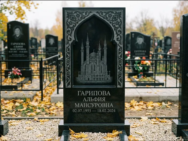 Мусульманский памятник с гравировкой мечети: фигурная стела с михраб-нишей — гравировка мечети в михраб-арке с орнаментом, светлая гравийная отсыпка, работа «Гарипова» в Новосибирске